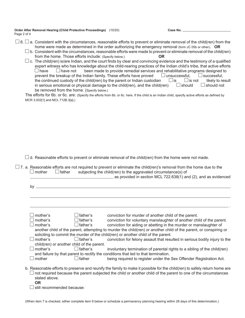 Form JC75 Order After Removal Hearing (Child Protective Proceedings) - Michigan, Page 2