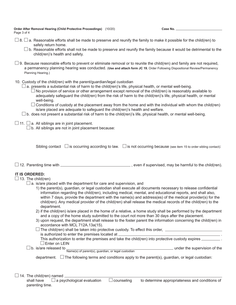 Form JC75 Order After Removal Hearing (Child Protective Proceedings) - Michigan, Page 3