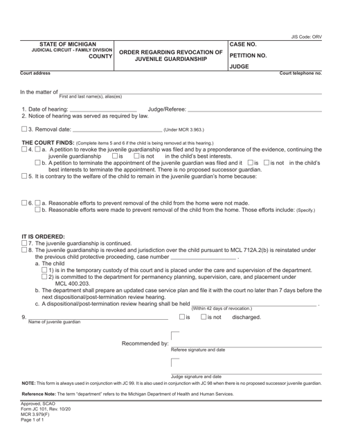 Form JC101 Order Regarding Revocation of Juvenile Guardianship - Michigan