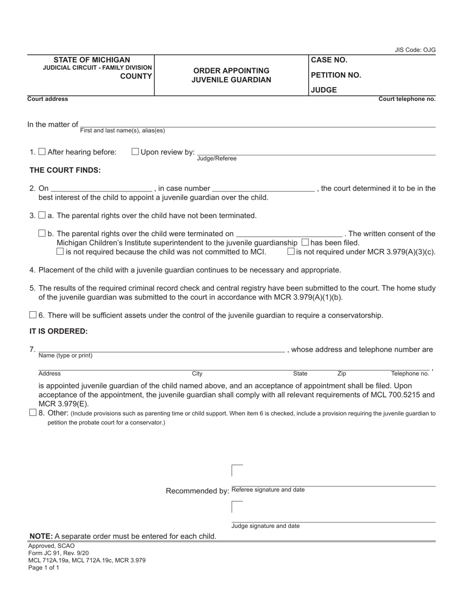 Form JC91 Order Appointing Juvenile Guardian - Michigan, Page 1