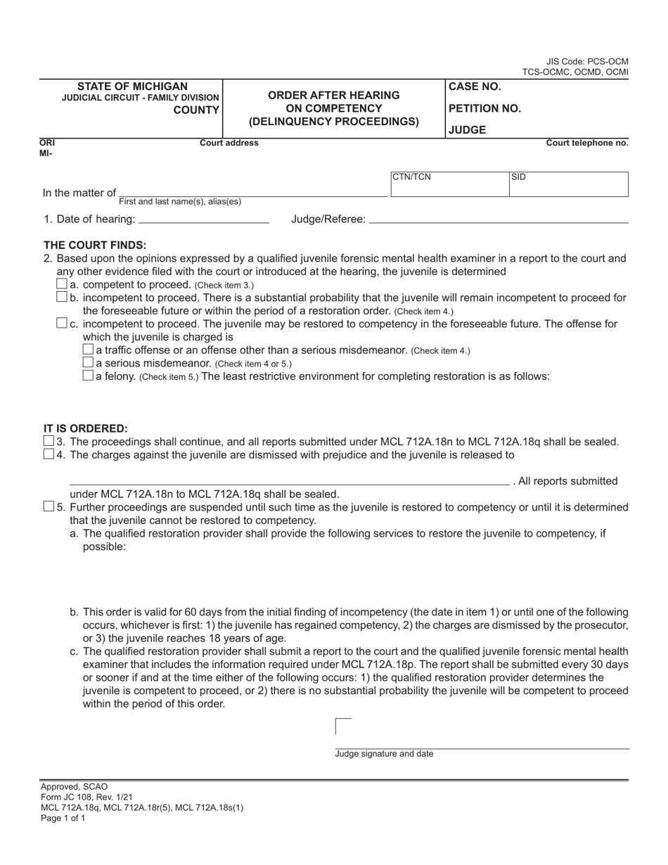 Form JC108 Order After Hearing on Competency (Delinquency Proceedings) - Michigan, Page 1