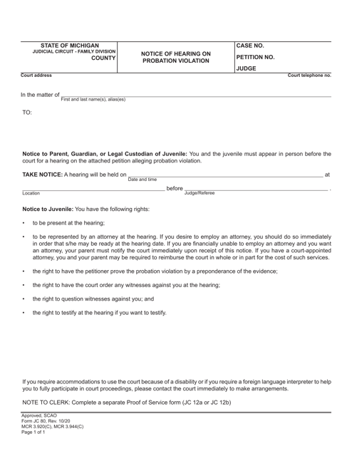 Form JC80 Notice of Hearing on Probation Violation - Michigan