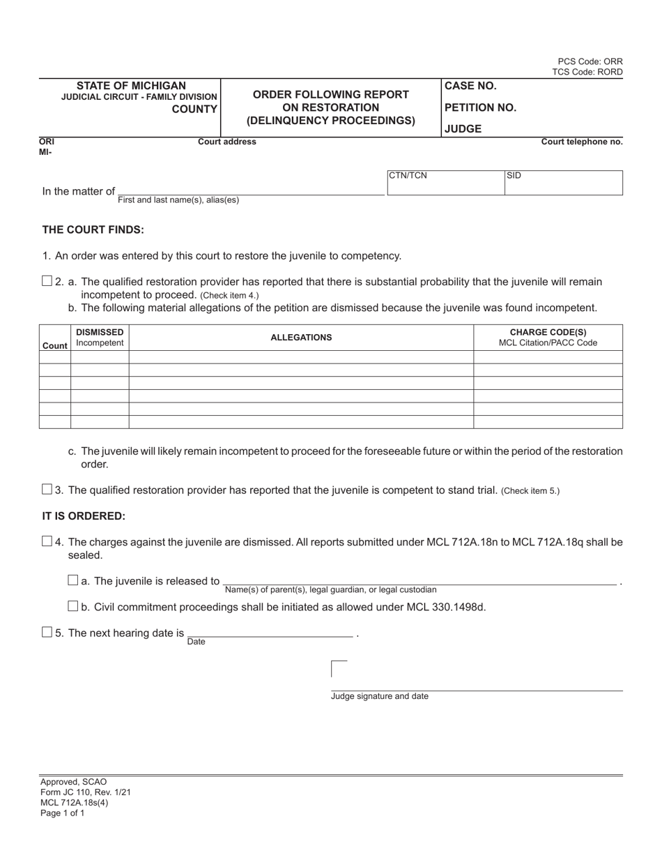Form JC110 Order Following Report on Restoration (Delinquency Proceedings) - Michigan, Page 1