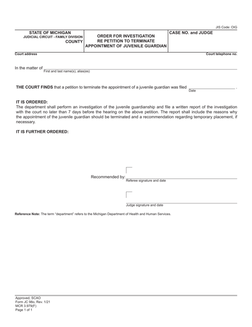 Form JC98O Order for Investigation Re Petition to Terminate Appointment of Juvenile Guardian - Michigan