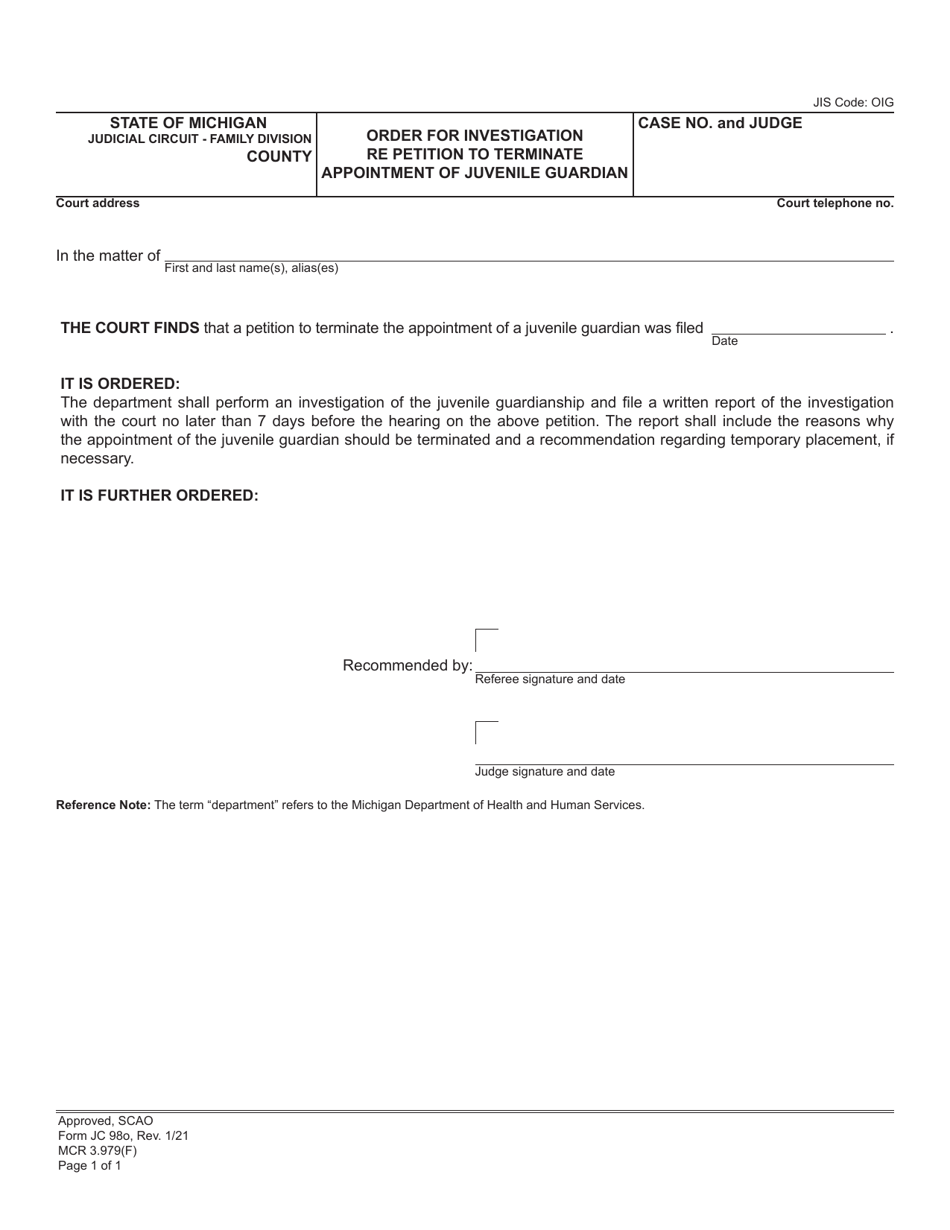 Form JC98O Order for Investigation Re Petition to Terminate Appointment of Juvenile Guardian - Michigan, Page 1