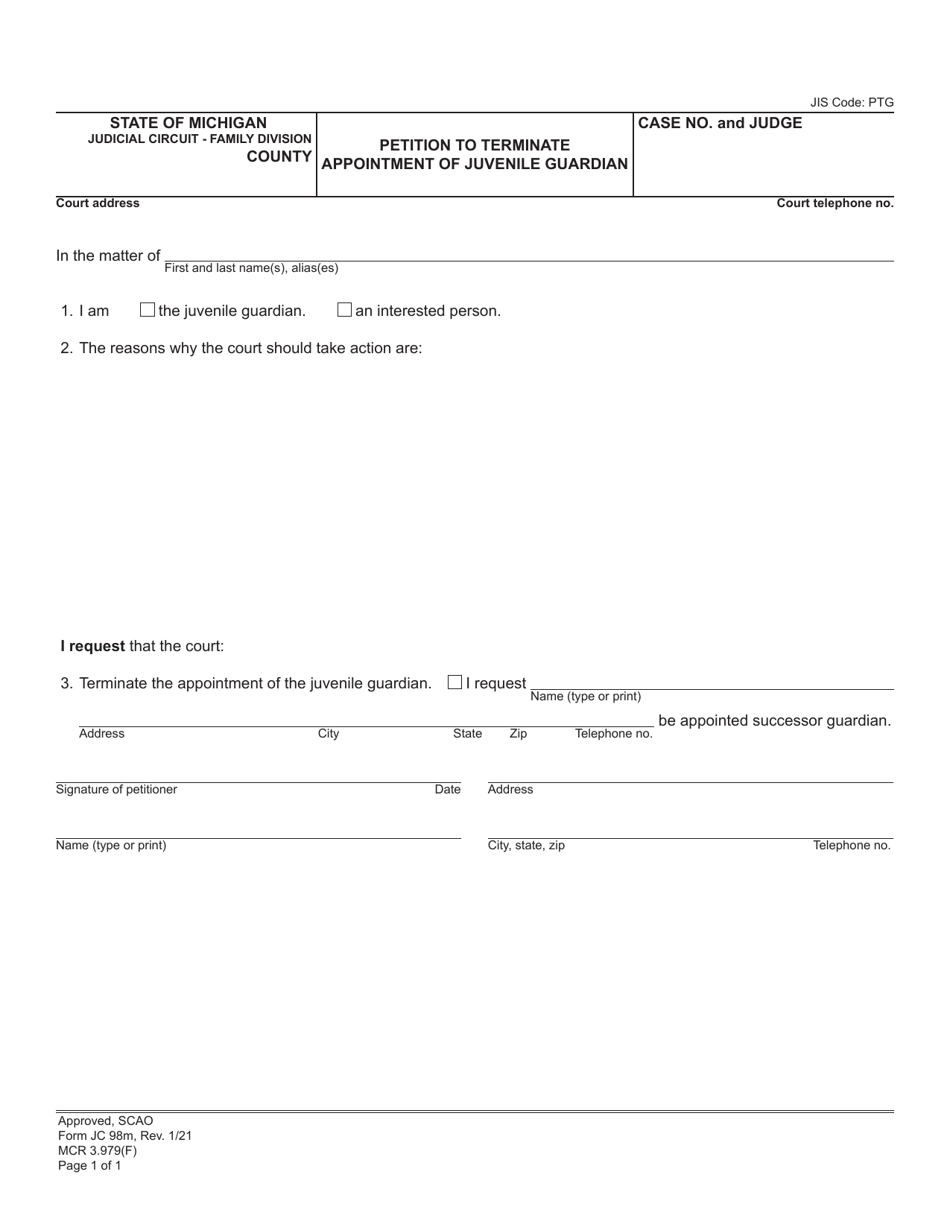 Form JC98M Petition to Terminate Appointment of Juvenile Guardian - Michigan, Page 1