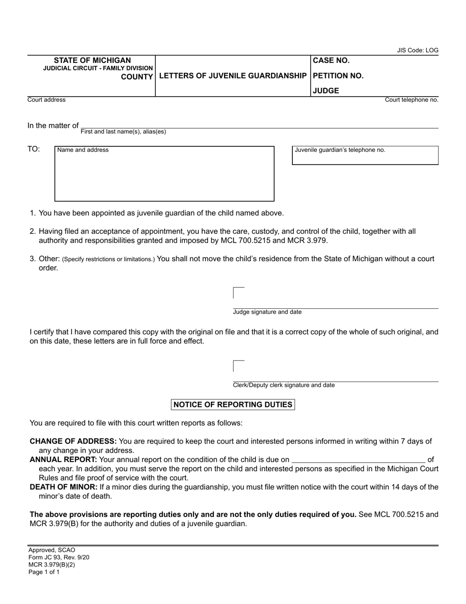 Form JC93 Letters of Juvenile Guardianship - Michigan, Page 1