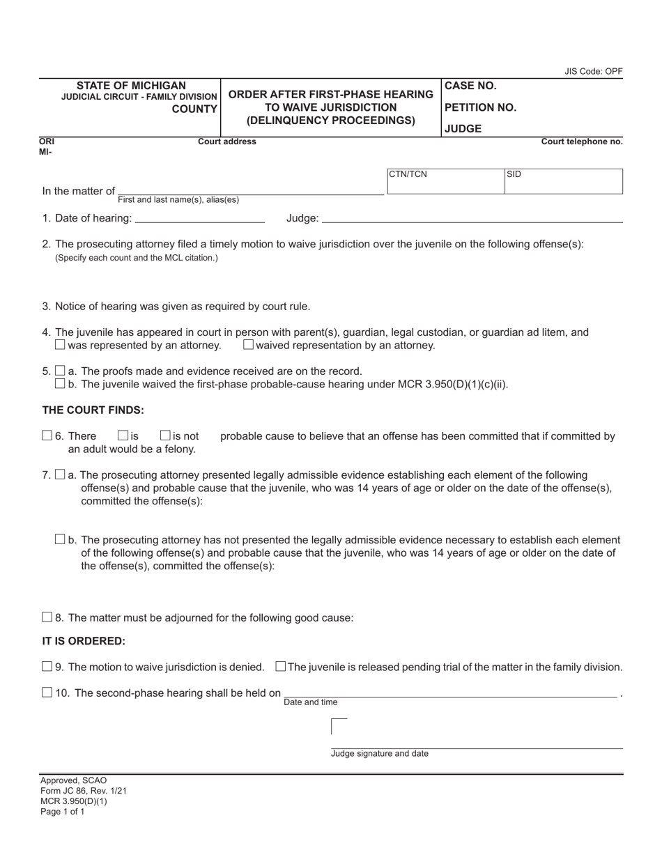 Form JC86 Order After First-Phase Hearing to Waive Jurisdiction (Delinquency Proceedings) - Michigan, Page 1