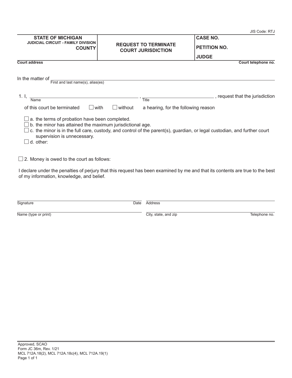 Form JC36M Request to Terminate Court Jurisdiction - Michigan, Page 1
