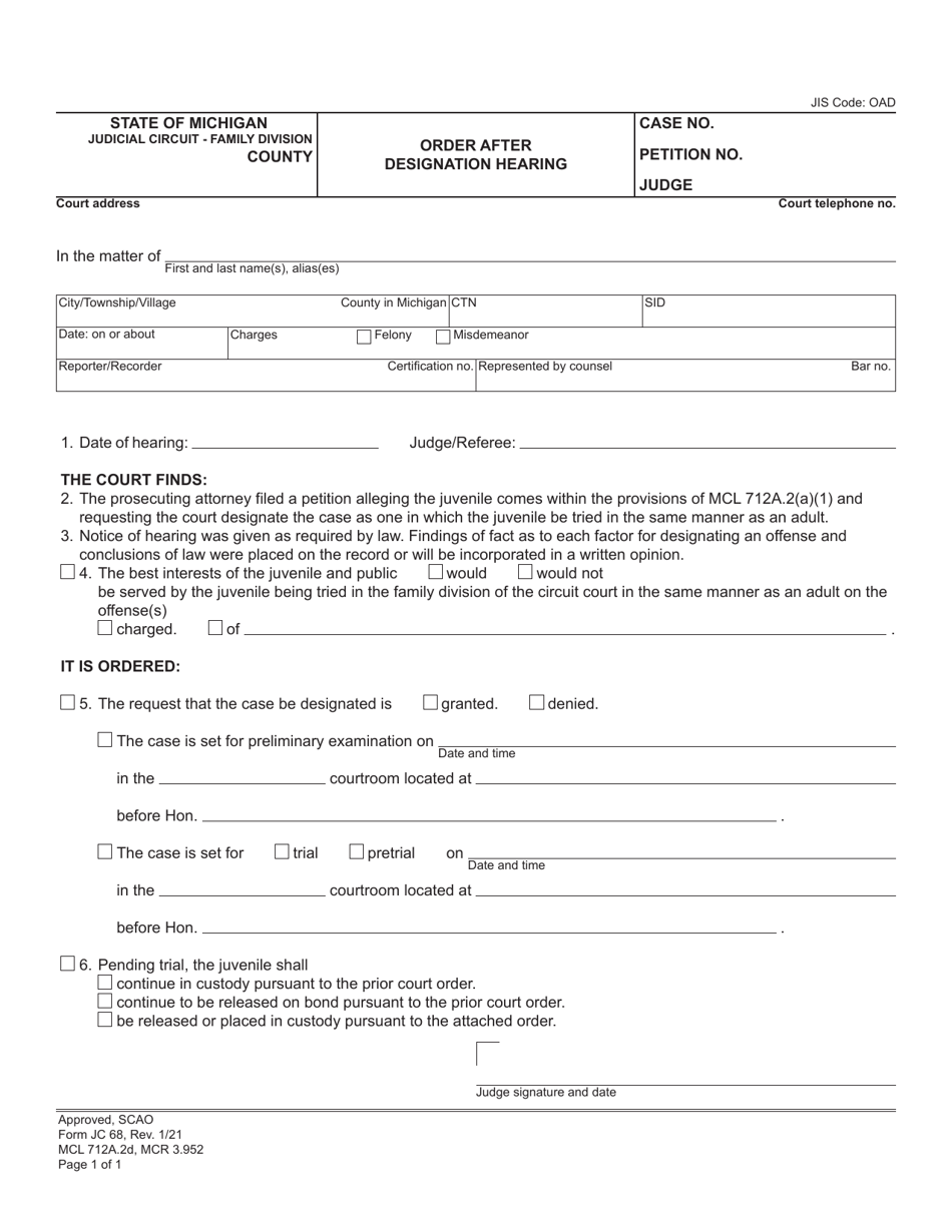 Form JC68 - Fill Out, Sign Online and Download Fillable PDF, Michigan ...