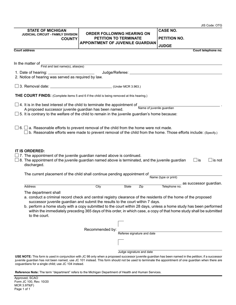 Form JC100 Order Following Hearing on Petition to Terminate Appointment of Juvenile Guardian - Michigan, Page 1