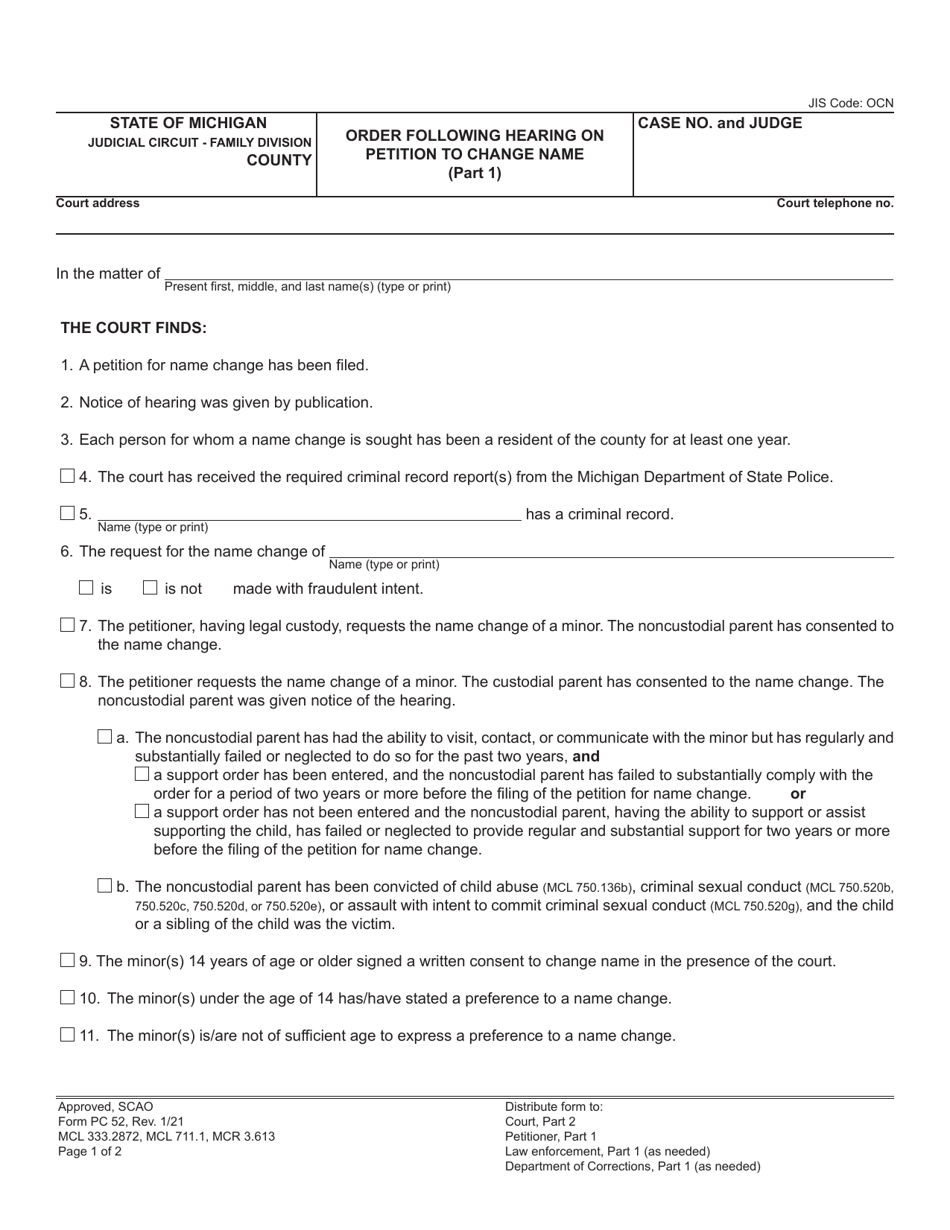 Form PC52 Order Following Hearing on Petition to Change Name - Michigan, Page 1