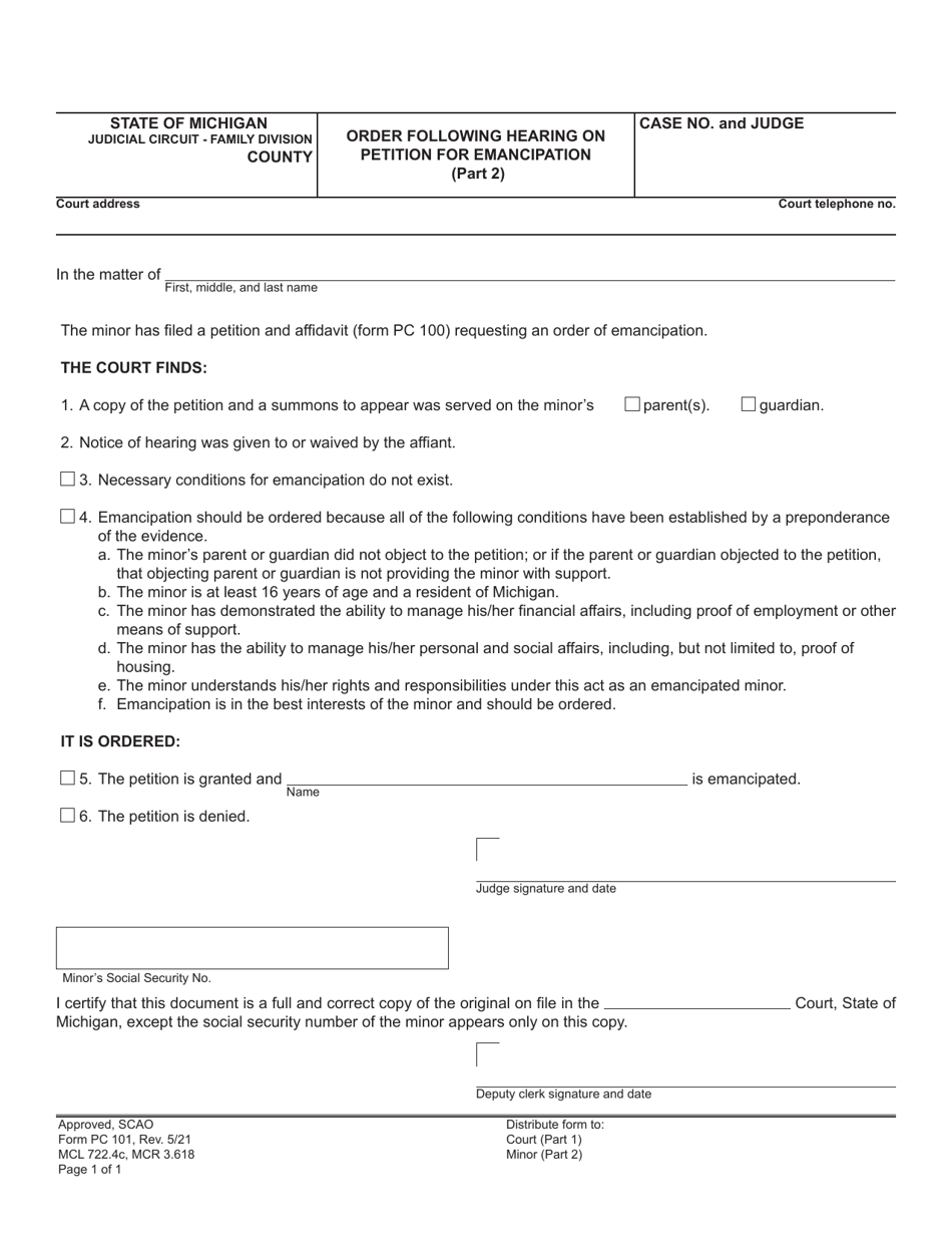 Form PC101 Order Following Hearing on Petition for Emancipation - Michigan, Page 2