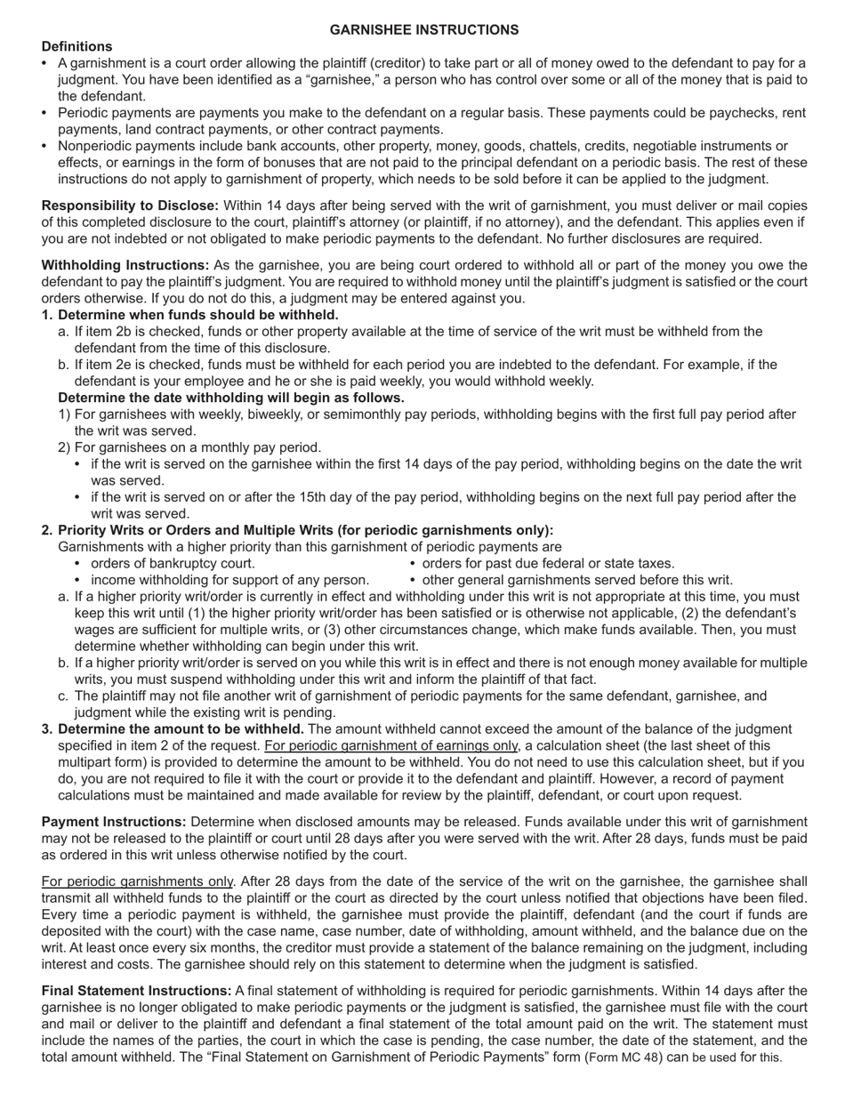 Form MC14 Garnishee Disclosure - Michigan, Page 3