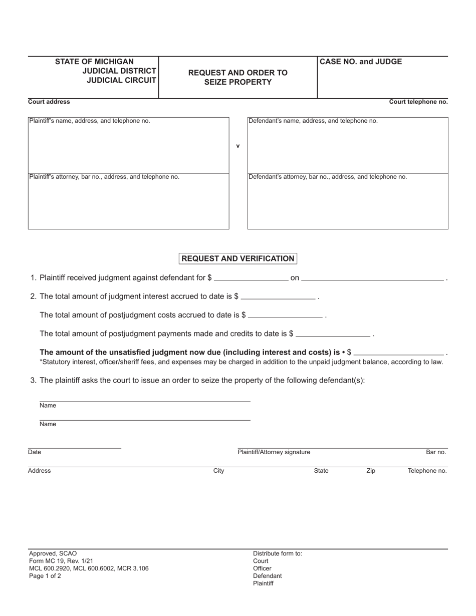 Form MC19 Request and Order to Seize Property - Michigan, Page 1