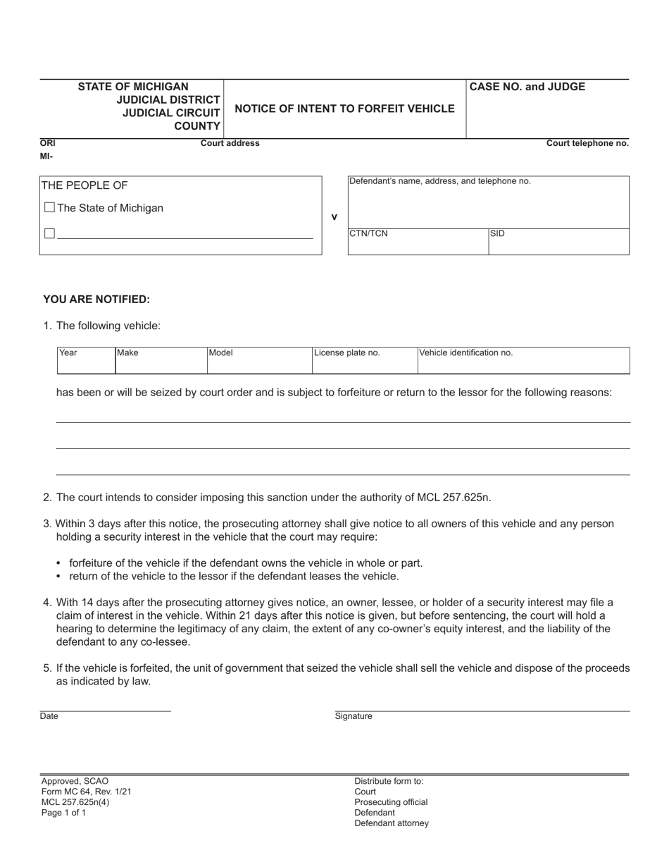 Form MC64 Notice of Intent to Forfeit Vehicle - Michigan, Page 1