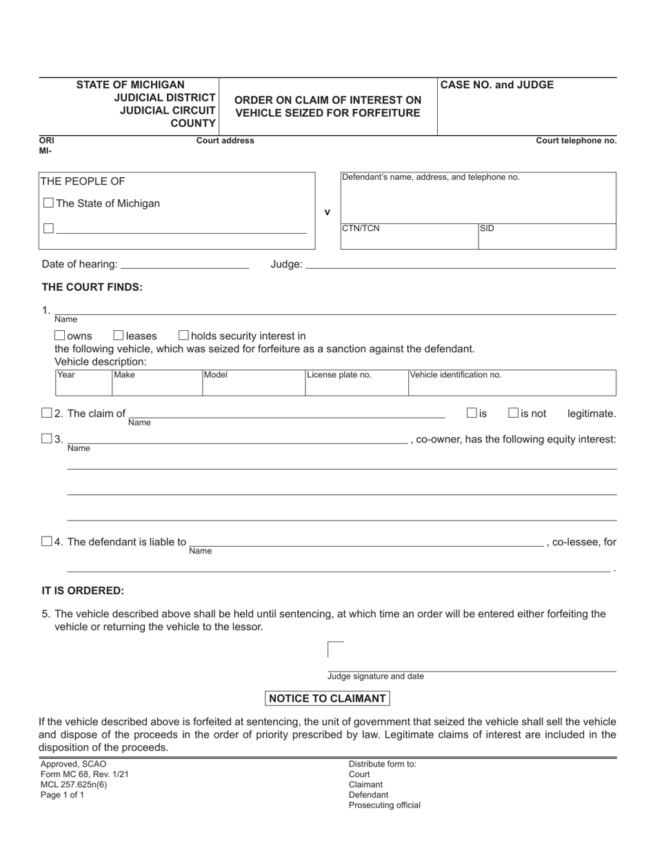 Form MC68 Order on Claim of Interest on Vehicle Seized for Forfeiture - Michigan, Page 1