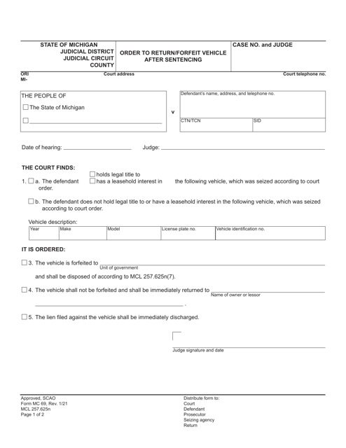 Form MC69 Order to Return/Forfeit Vehicle After Sentencing - Michigan