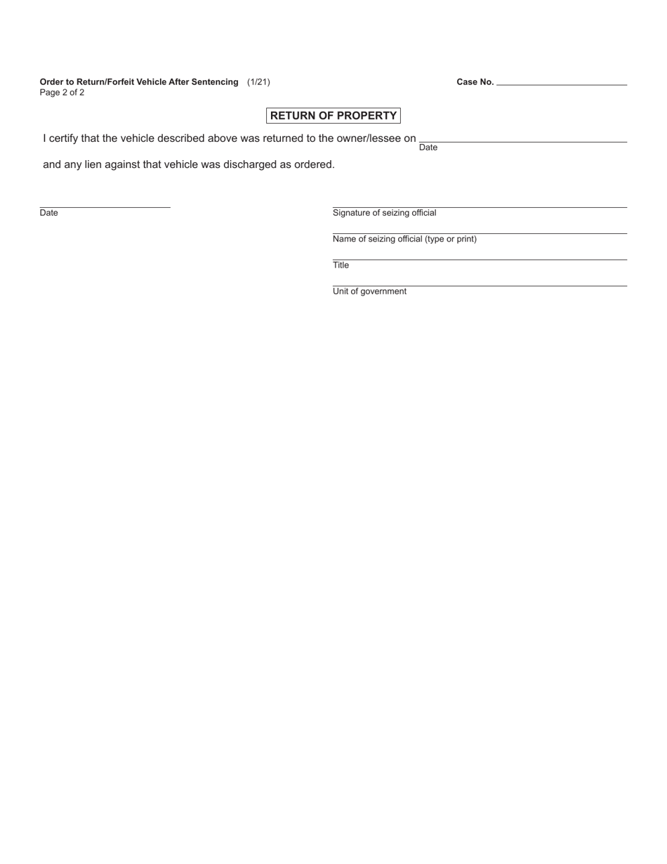 Form MC69 Order to Return / Forfeit Vehicle After Sentencing - Michigan, Page 2
