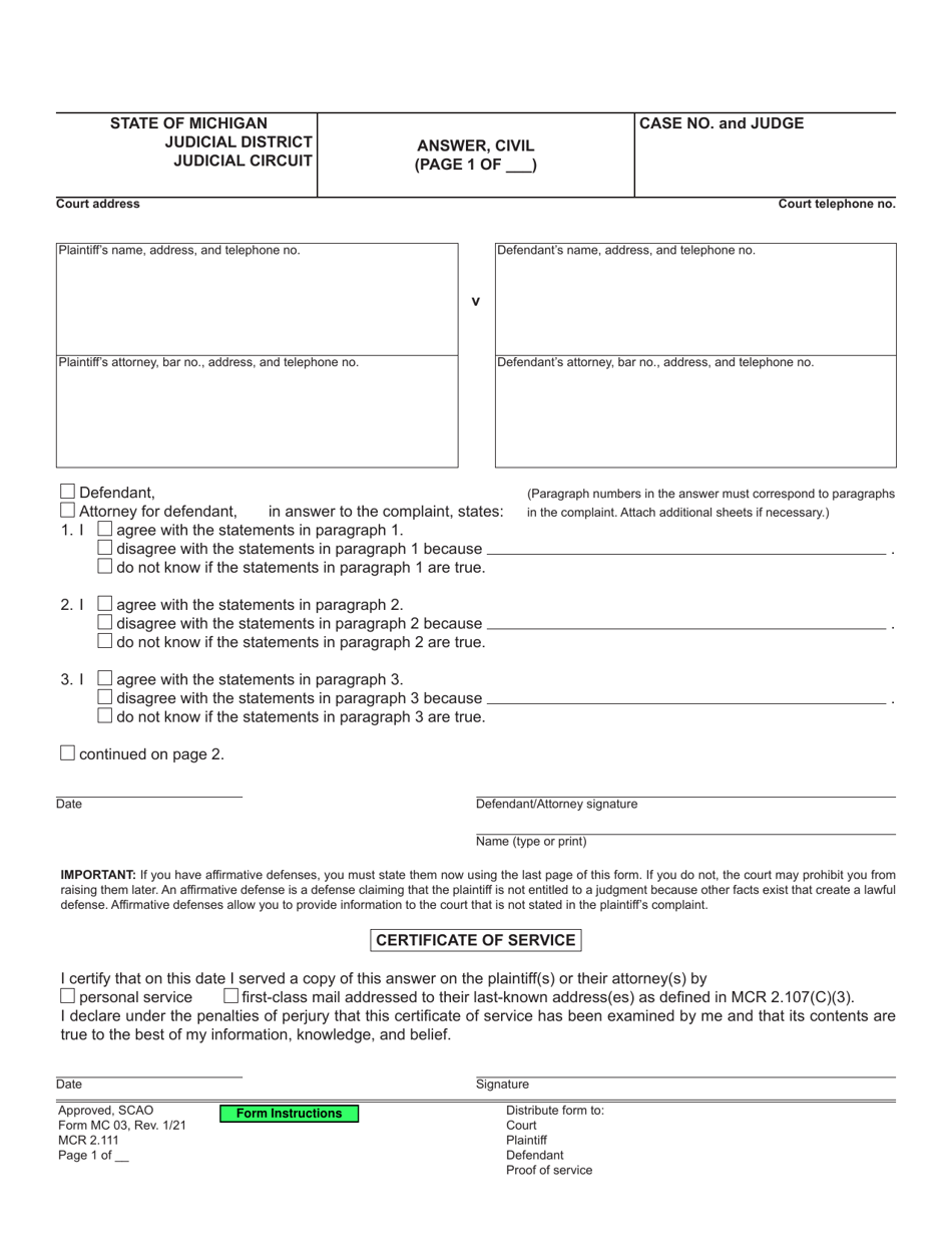 Form MC03 Answer, Civil - Michigan, Page 1