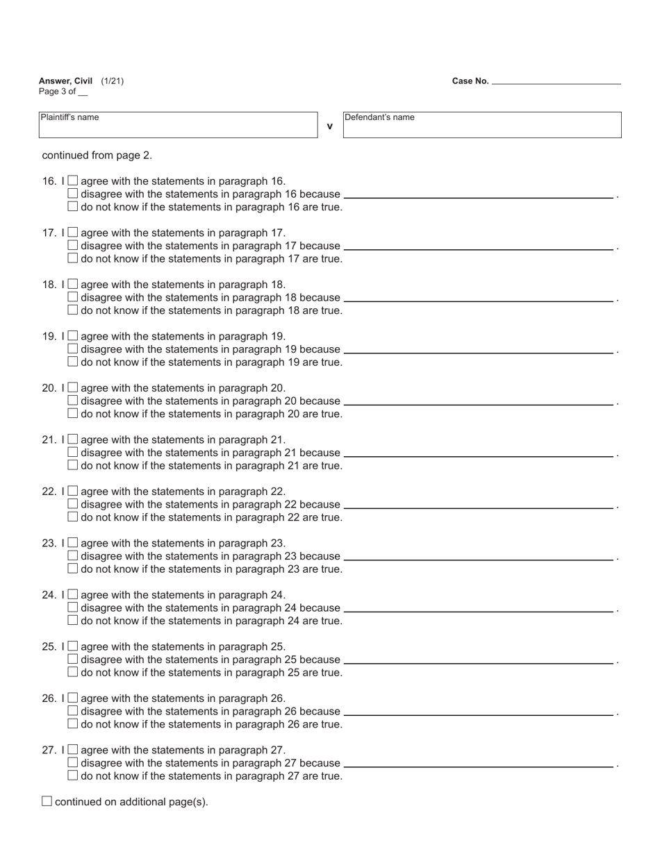 Form MC03 Answer, Civil - Michigan, Page 3