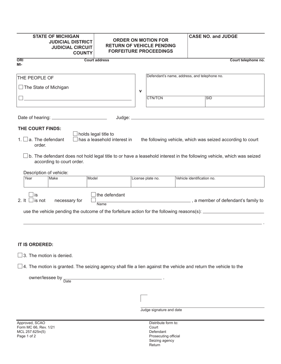 Form MC66 Order on Motion for Return of Vehicle Pending Forfeiture Proceedings - Michigan, Page 1