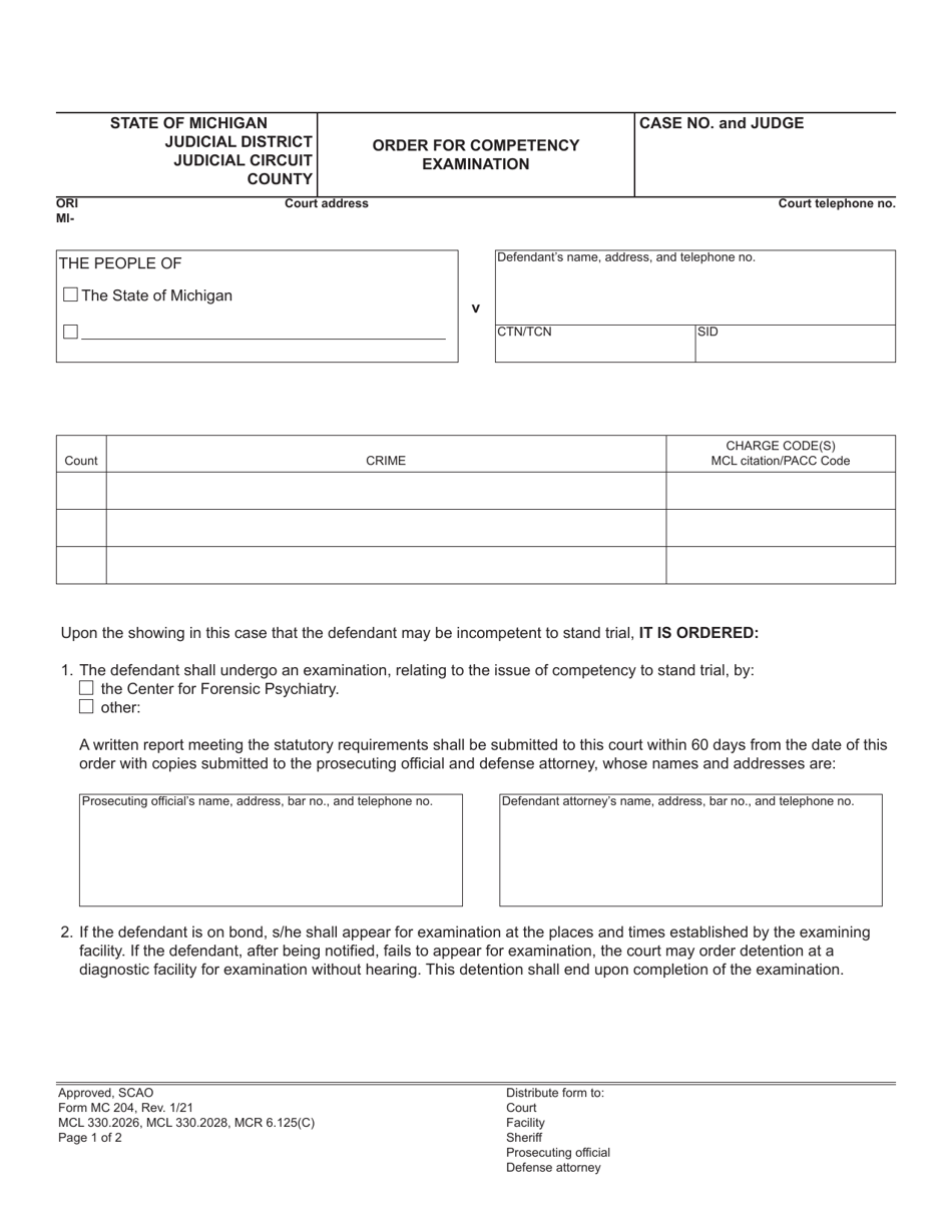 Form MC204 Order for Competency Examination - Michigan, Page 1