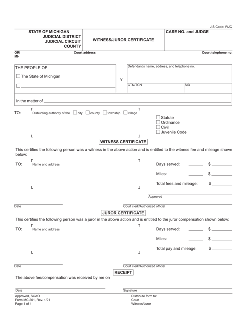 Form MC201 Witness/Juror Certificate - Michigan