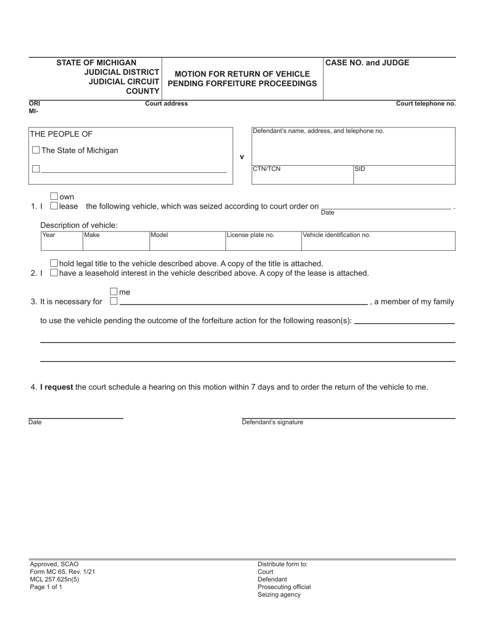 Form MC65 Motion for Return of Vehicle Pending Forfeiture Proceedings - Michigan, Page 1