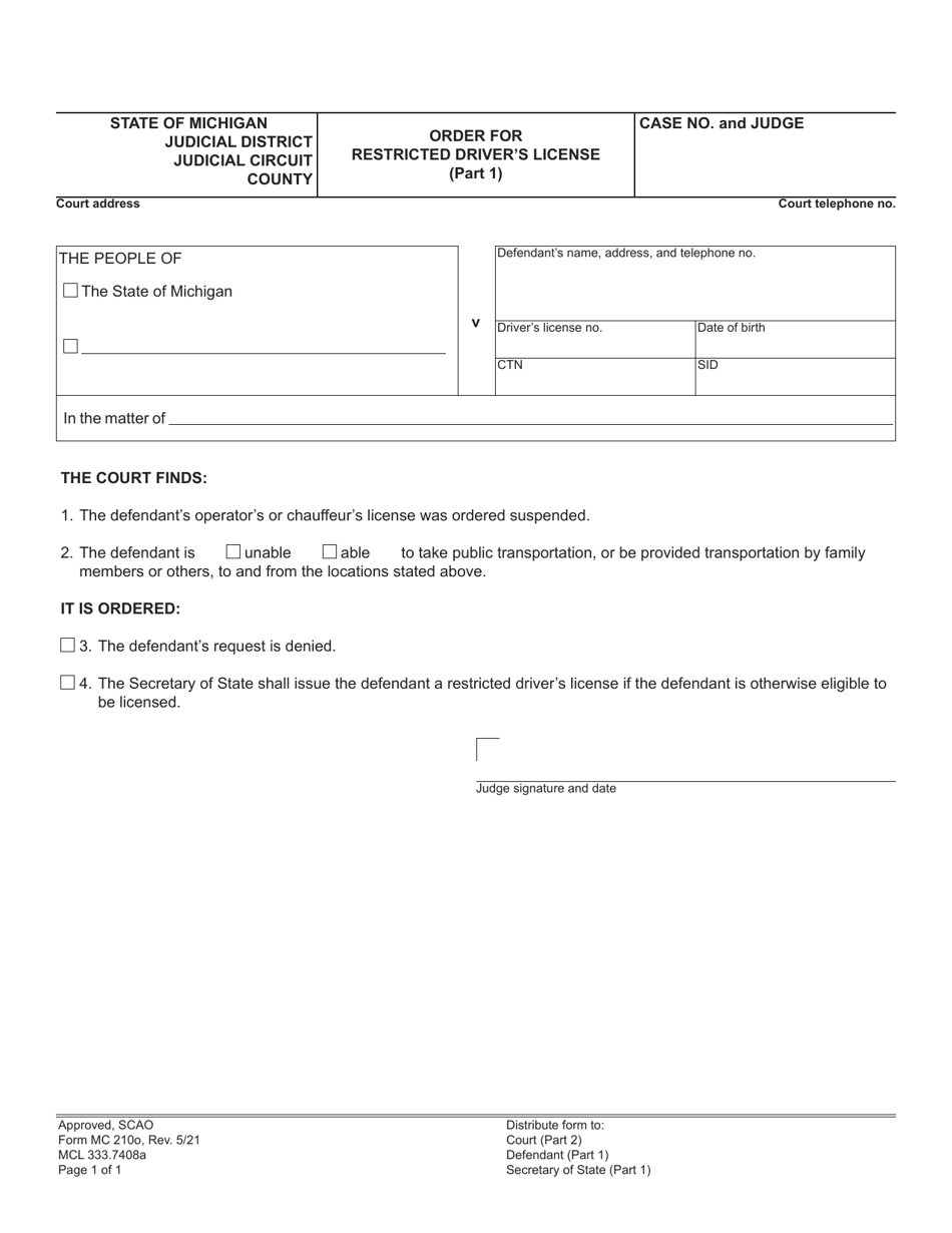 Form MC210O Order for Restricted Drivers License - Michigan, Page 1