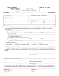 Document preview: Form MC210A Affidavit for Restricted Driver's License - Michigan