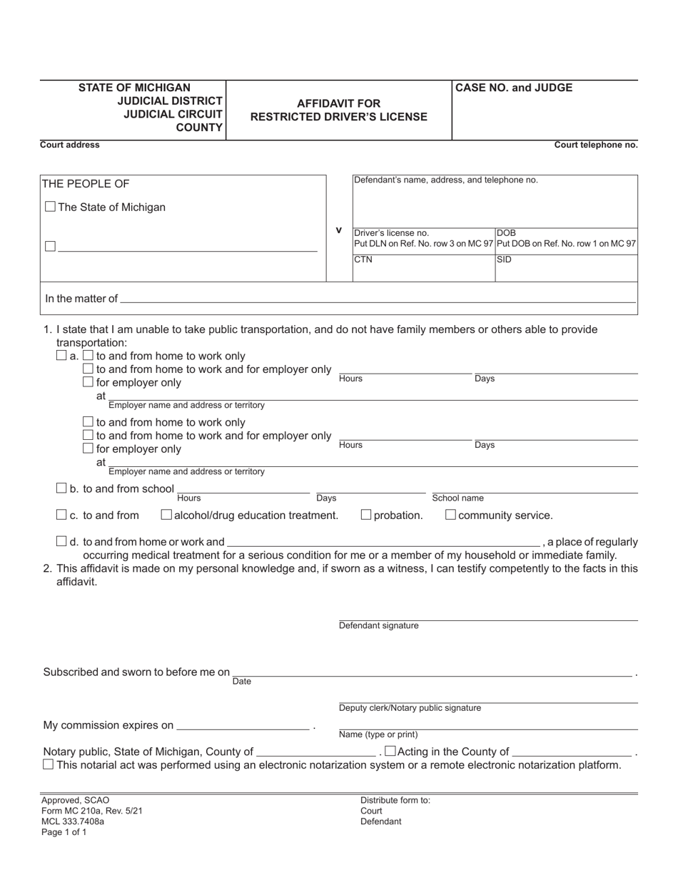 Form Mc210a Download Fillable Pdf Or Fill Online Affidavit For Restricted Driver S License Michigan Templateroller