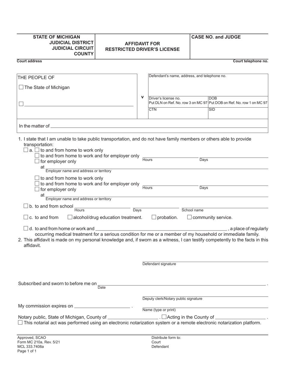 Form MC210A Affidavit for Restricted Drivers License - Michigan, Page 1