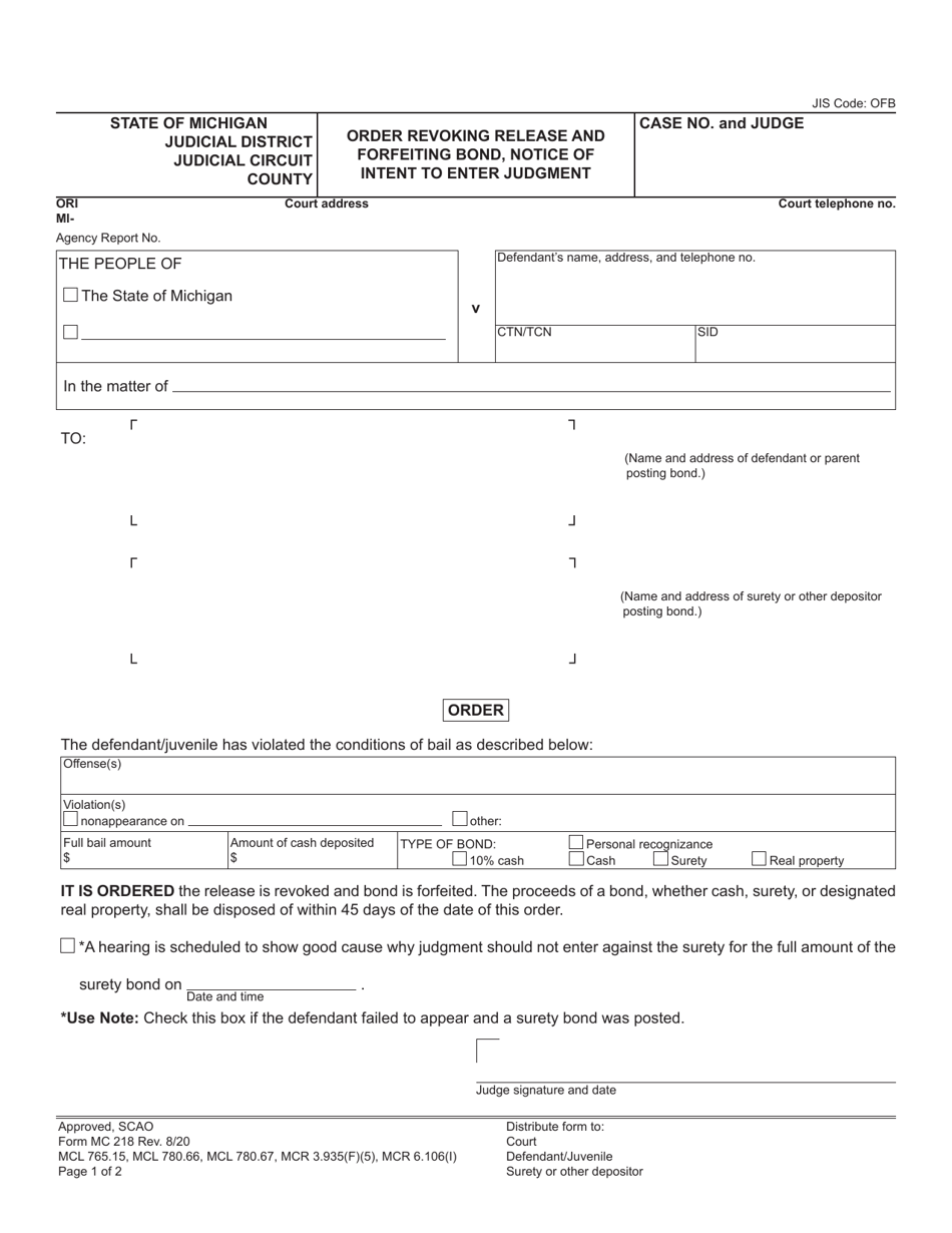 Form MC218 Order Revoking Release and Forfeiting Bond, Notice of Intent to Enter Judgment - Michigan, Page 1