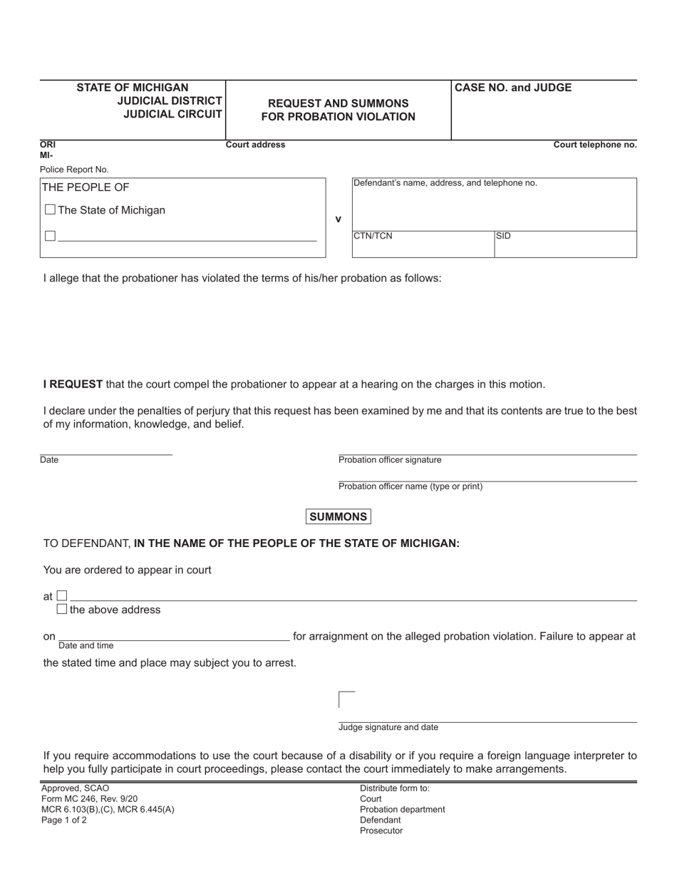 Form MC246 Request and Summons for Probation Violation - Michigan, Page 1