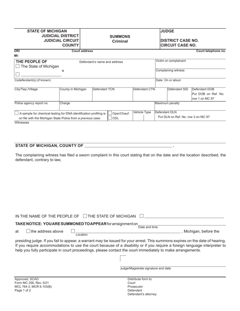 Form MC256 Summons - Criminal - Michigan