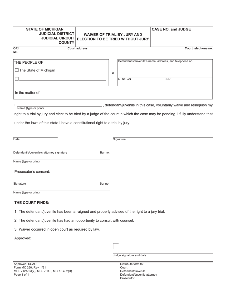 Form MC260 Waiver of Trial by Jury and Election to Be Tried Without Jury - Michigan, Page 1