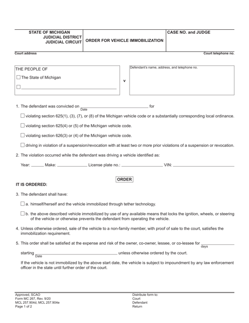 Form MC267 Order for Vehicle Immobilization - Michigan