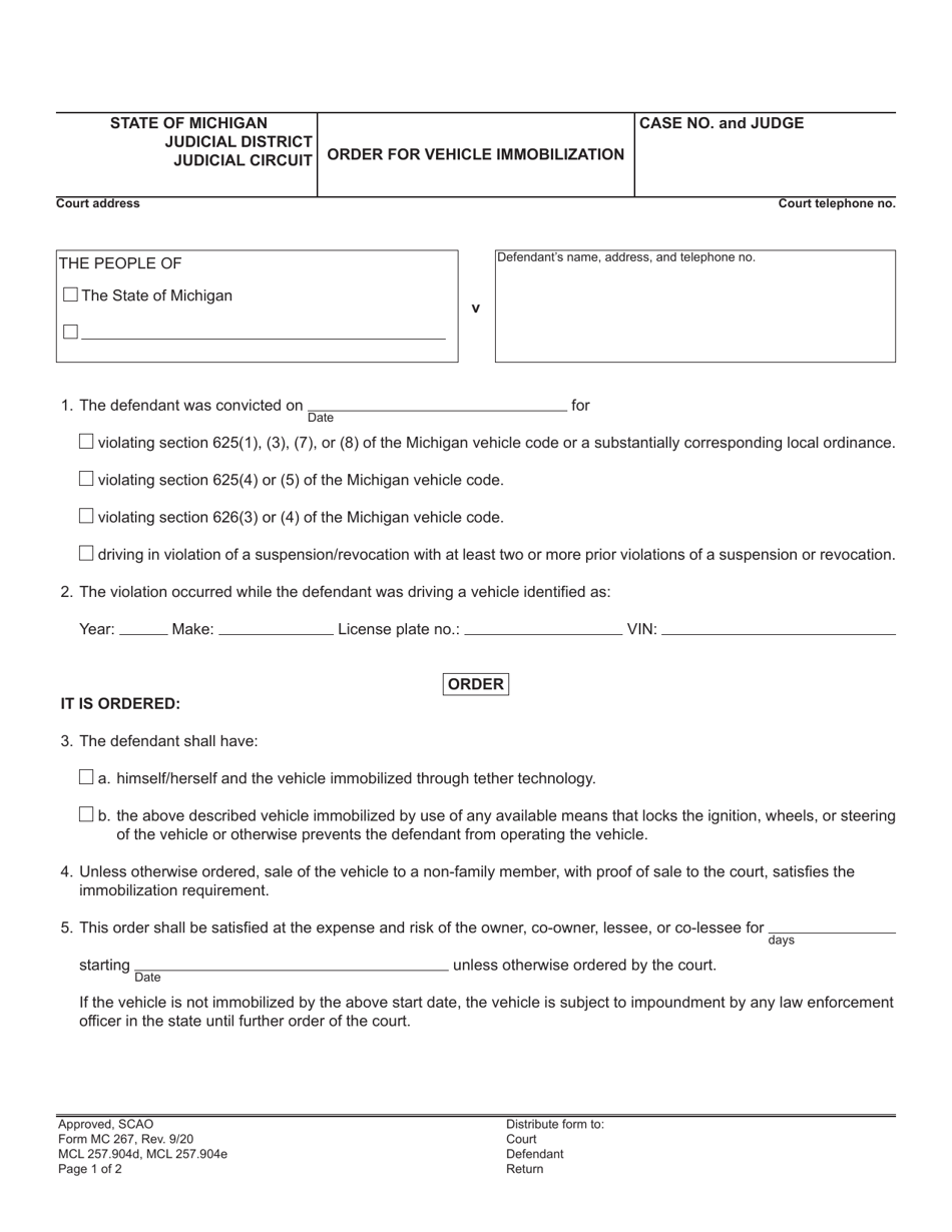 Form MC267 Order for Vehicle Immobilization - Michigan, Page 1