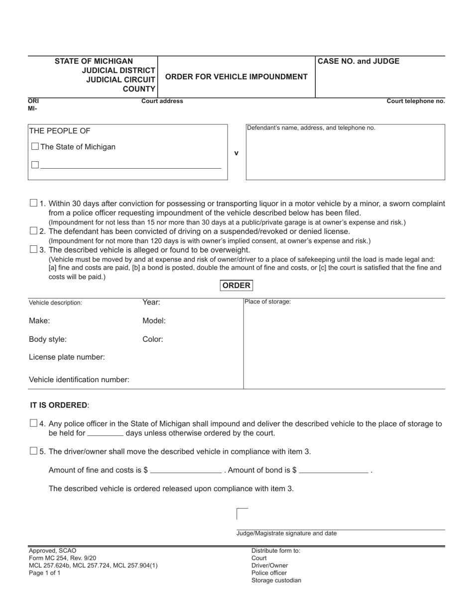 Form MC254 Order for Vehicle Impoundment - Michigan, Page 1