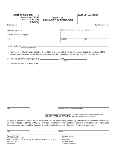 Form MC258 Report of Nonpayment of Restitution - Michigan