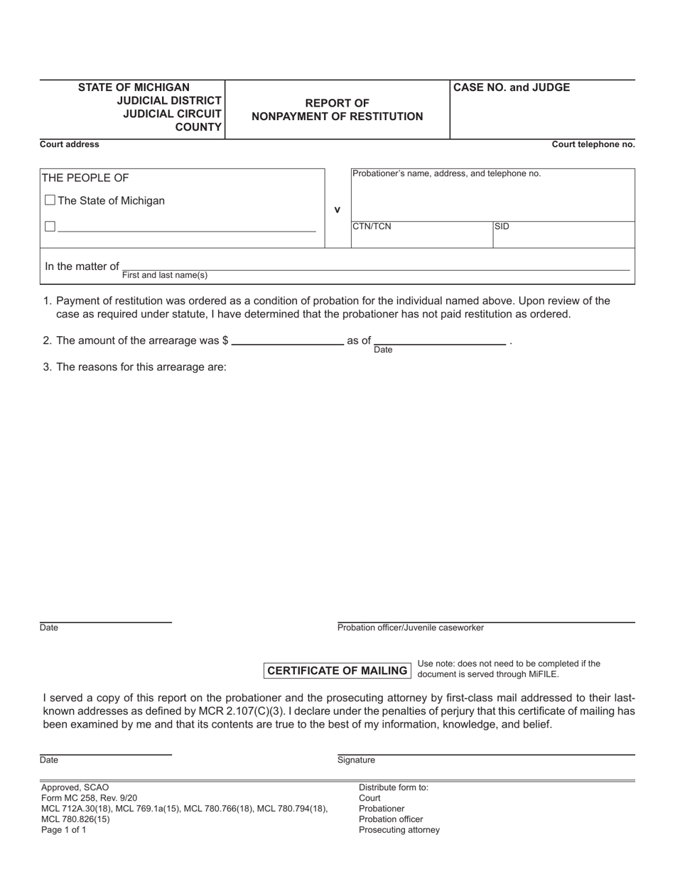 Form MC258 Report of Nonpayment of Restitution - Michigan, Page 1