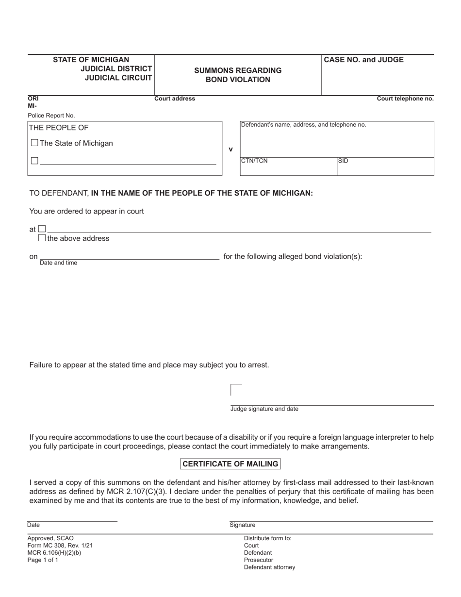 Form MC308 Download Fillable PDF or Fill Online Summons Regarding Bond