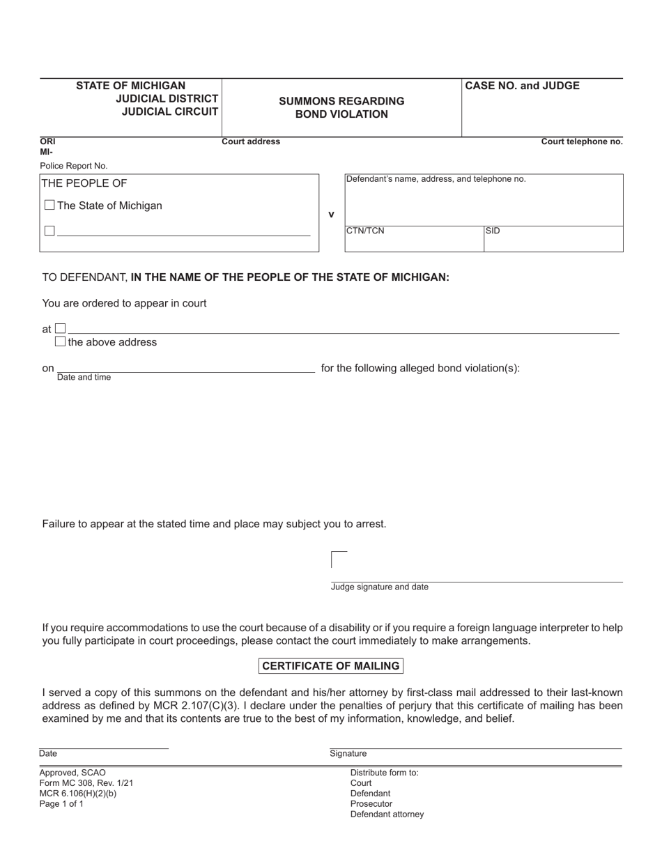 Form MC308 Summons Regarding Bond Violation - Michigan, Page 1