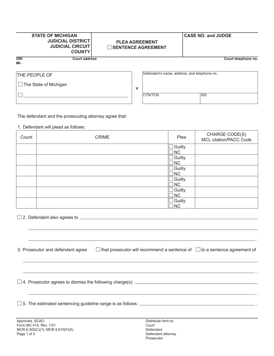 Form MC414 Plea Agreement - Michigan, Page 1