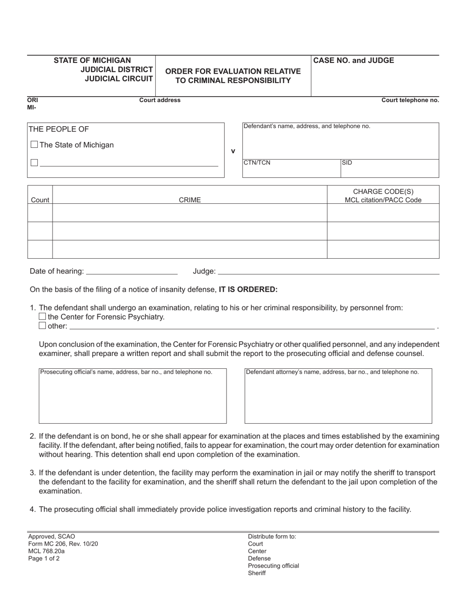 Form MC206 Order for Evaluation Relative to Criminal Responsibility - Michigan, Page 1