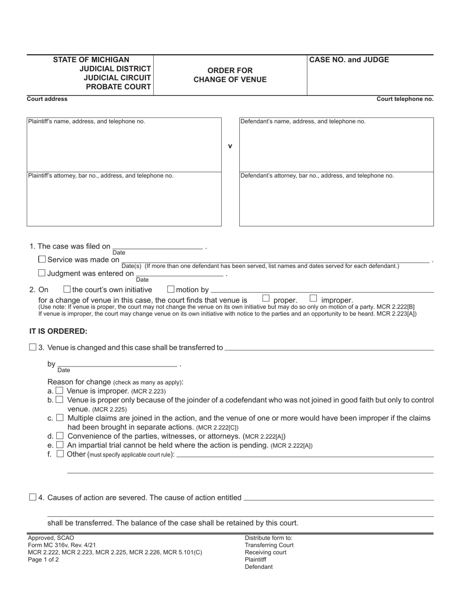 Form MC316V Order for Change of Venue - Michigan, Page 1