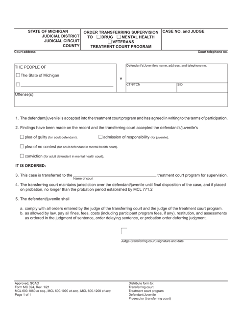 Form MC394 Order Transferring Supervision to Treatment Court Program - Michigan