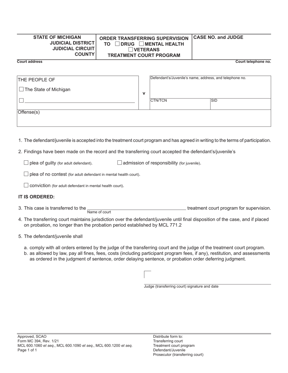 Form MC394 Order Transferring Supervision to Treatment Court Program - Michigan, Page 1