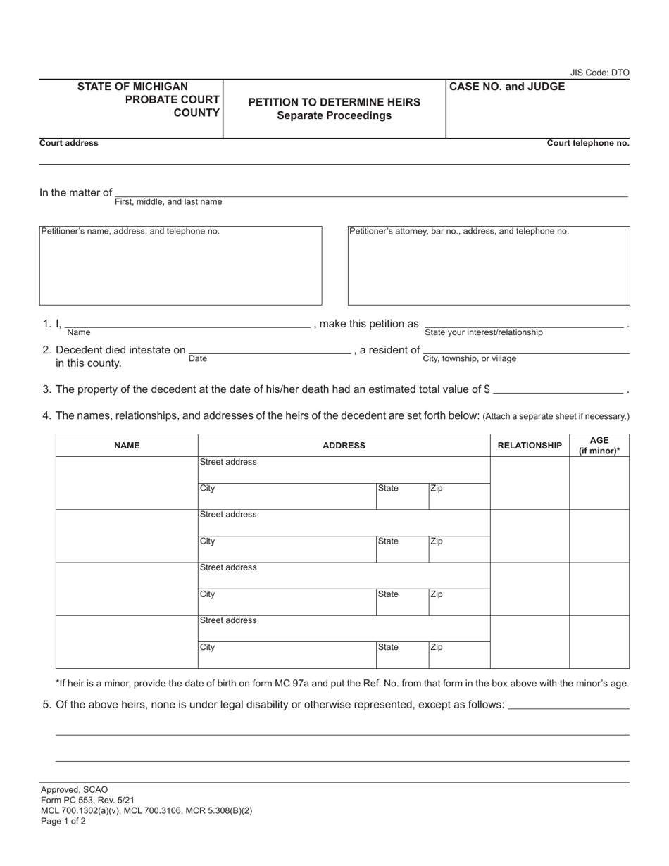 Form PC553 Petition to Determine Heirs - Separate Proceedings - Michigan, Page 1